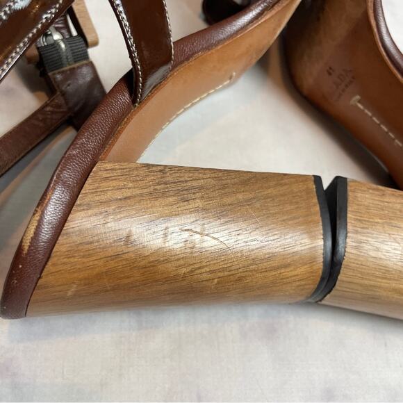PRADA Brown Patent Leather Open Toe Wood Grain Block Heel Sandals - Picture 11 of 11